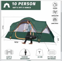 Camping Tent 10-Person-Family Tents, Parties, Music Festival Tent, Big, Easy Up, 5 Large Mesh Windows, Double Layer, 2 Room, Waterproof, Weather Resis