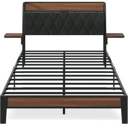 Like New Full Sized Bed Frame with shelf/charger ports/removable nightstands.