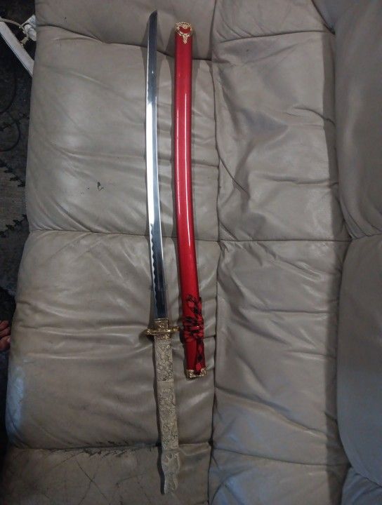 Red Katana Sword With Dragon Handle.