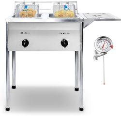 Two Tank Outdoor Deep Fryer with Thermometer | Propane Deep Fryer with 2 Stainless Steel Basket & Lid Covers | Large Oil Tank Capacity with Regulating