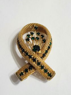 1950's Antique Eneralds Stones Mesh Gold Tone Ribbon / Bow Pin / Brooch
