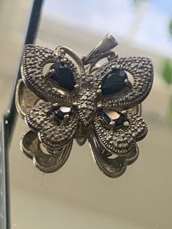 Ross Simons Signed Butterfly Pendant Onyx &diamonds Sterling