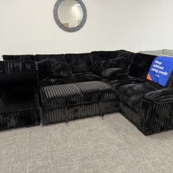 Black Sectional Corduroy Sleeper & Storage Chaise- EZ $10 Down Payment Options Available 
