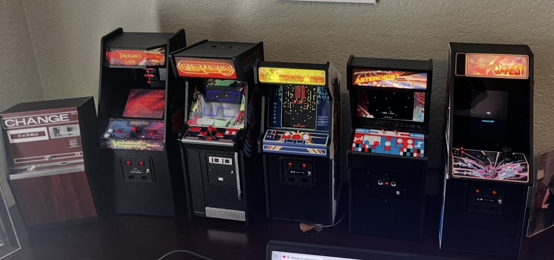 Set of Replicade Arcade Games Asteroids, Tempest, Centipede, Berzerk, Dragons Lair and Coin Changer