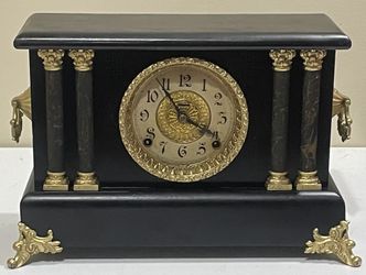 Antique E Ingraham 8 Day Mechanical Black 4 Pillar Mantle Shelf Gong Chime Clock