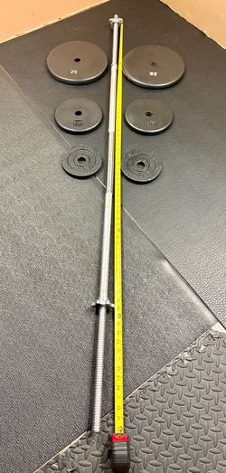 Standard 6 ft Gently Used Bar ( Split in 2 pieces) with pair of Cast Iron Plates of 25#, 10# and 5 pounders. Brute Weight: 100 #