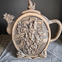 Chinese Teapot High-Relief Carvings of Daoist Figures and a Dragon Spout
