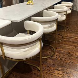 Set of 4 Beige Modern Velvet Bar Stools with Barrel Backrest, Upholstered Seat, and Gold Metal Footrest – 25.6-Inch Seat Height, Ideal for Counters, H