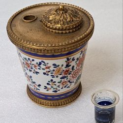 19th Century French Gilt Bronze and Hand-Painted Enamel Porcelain Inkwell Signed