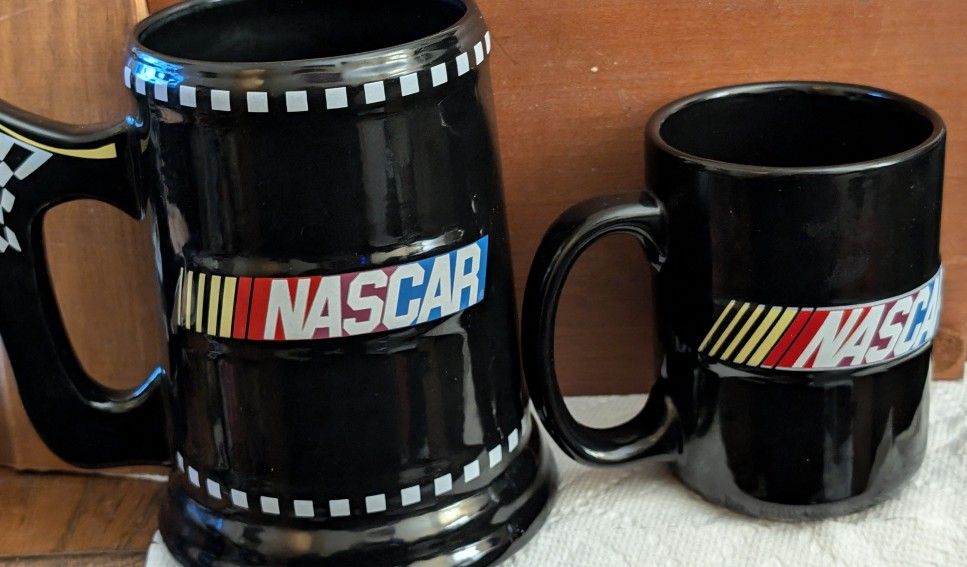 Nascar Stock Car Racing Licensed Ceramic Coffee And Beer Mugs 2003. Microwave + Dishwasher Safe. Large Mug 6 1/4" And Coffee Cup 4 1/2"H x 3 3/8"W Ea