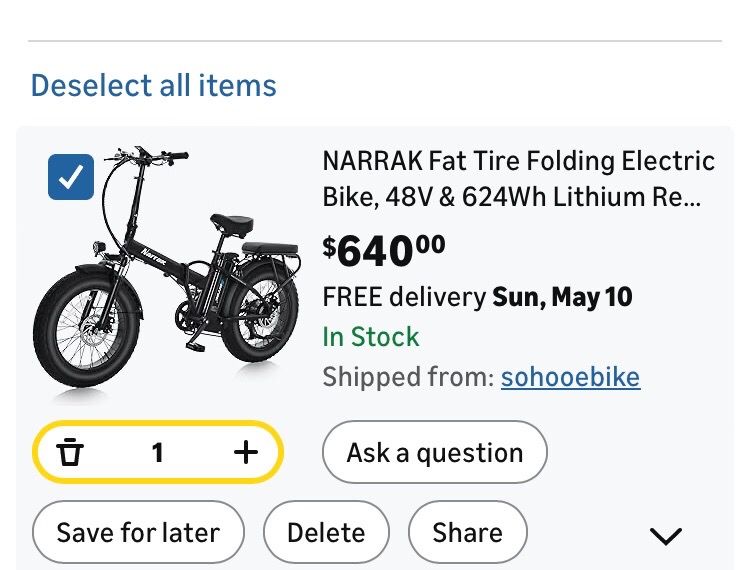 Amazon NARRAK Black Electric Bike 1100 W LCD display 40 mph