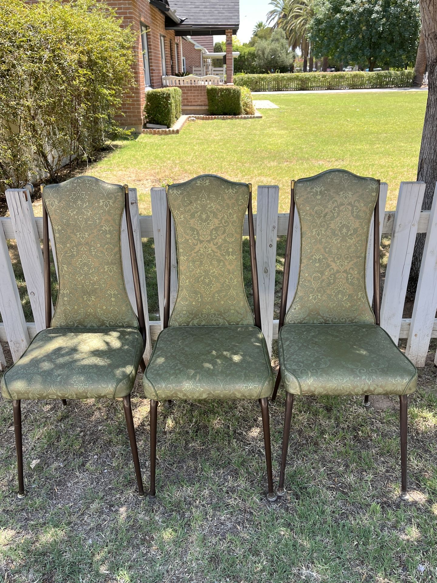 Vintage Metalcraft Of CA Trio Metal And Green Ornate Vinyl High Back Chairs