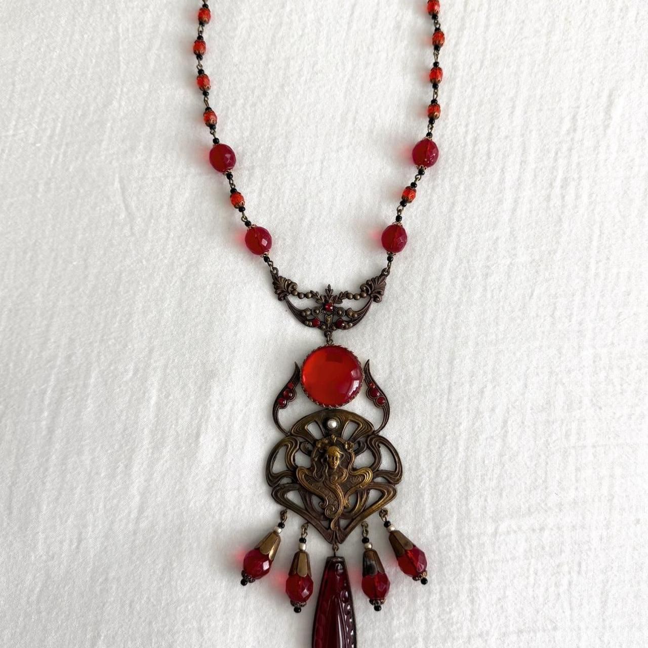 Large Vintage Art Nouveau Red Czech Glass & Brass Pendant Necklace(173)64
