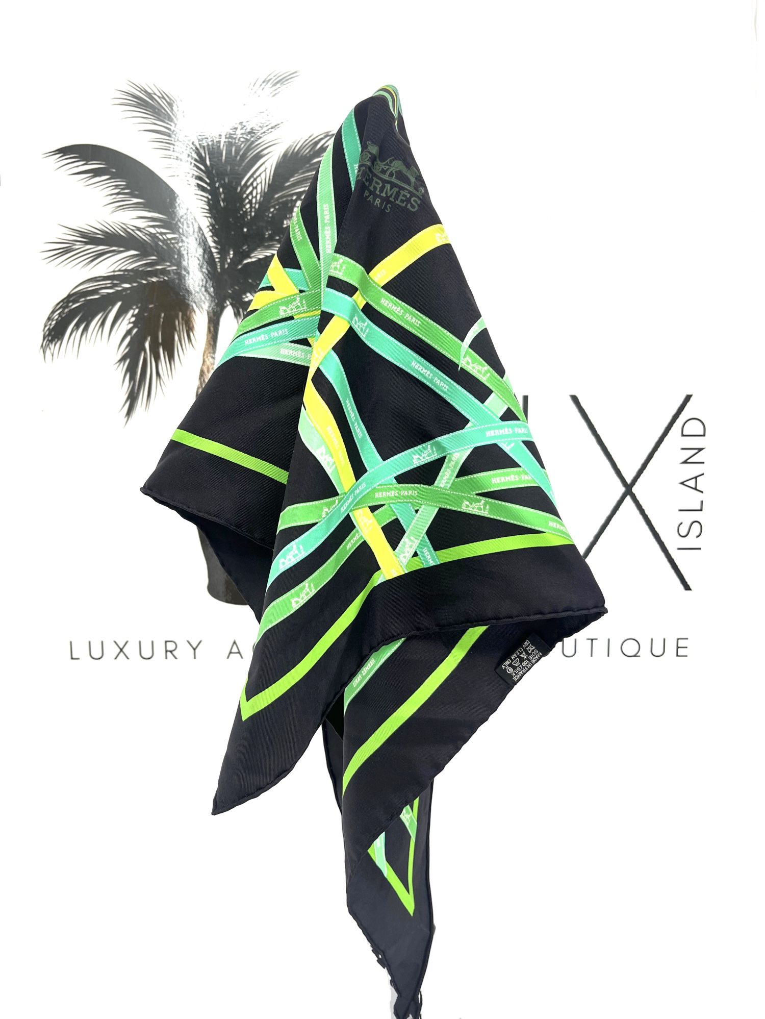 HERMÈS Black and Green Bolduc Pointu Triangle Silk Scarf