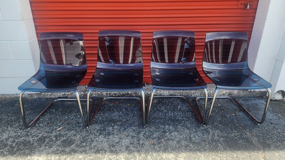 4 - 1990s Tobias Dining Chairs Blue Plastic Chrome, Modern Style, Nice Condition, Hard to Find. Originally Sold for $115 Each
