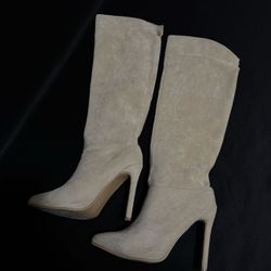 Stylish Beige Knee-High Heeled Boots