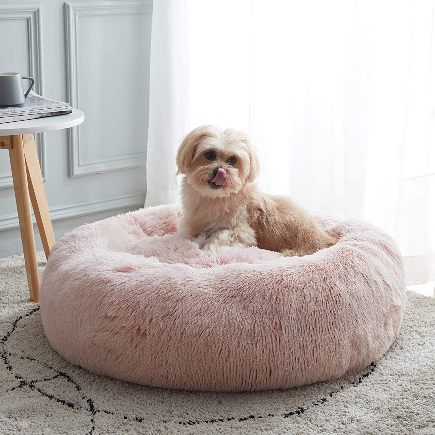 Pink Calming Dog Bed & Cat Bed, Anti-Anxiety Donut Dog Cuddler Bed Round Bed