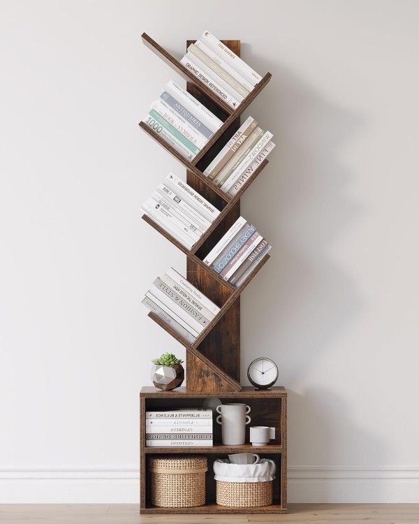 6 Tier Tree Bookshelf, Small Bookcase with Storage Cabinet, Modern Tall Narrow Bookshelves Organizer, Floor Standing Book Shelf for Bedroom/Living