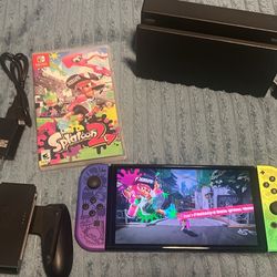 NINTENDO SWITCH OLED SPLATOON EDITION WITH SPLATOON 2 GAME, DOCKING STATION, JOYCON GRIP, 64 GIG MEMORY CARD AND HDMI 