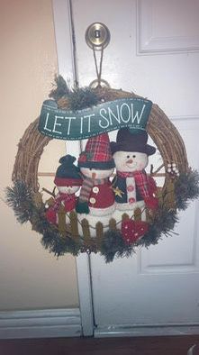 Let It Snow’ Banner On 20” Winter Snowman Snow Family Grapevine Wreath and some festive bells to go