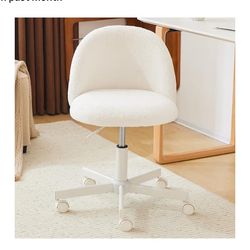 Modern Vanity Chair with Back, Velvet Desk Chair for Girls, Small Office Chair with Silent Wheels， Stylish and Comfortable, White