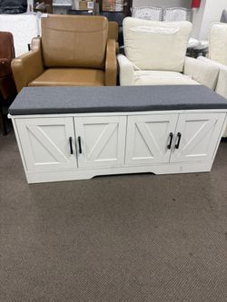 CONCETTA 47-Inch Wide White Storage Bench, Entryway Shoe Bench with Padded Seat, 4 Barn Doors, and Adjustable Storage Shelf