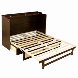 Folding cabinet bed - Walnut wood color, rattan decoration, four storage drawers