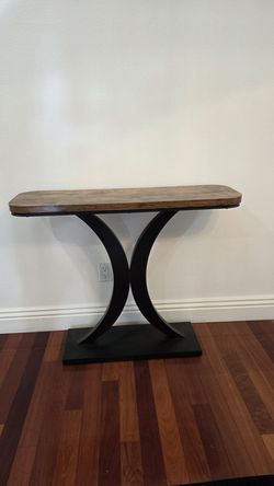 Modern Console Table, Rustic Wood Top, Curved Black Base