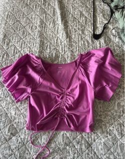 Anthropologie Purple Puff Sleeve Crop Top