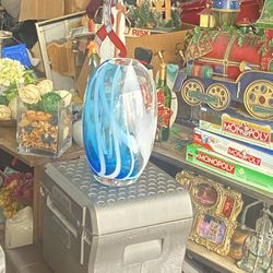 Crate And Barrel Blue And Clear Vase 