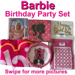 Barbie Theme Birthday Party Set Plates Napkins Backdrop Banner Invitations Pink
