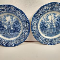 2 Vintage Staffordshire England Liberty Blue 9 3/4" Plates- Chips On Back