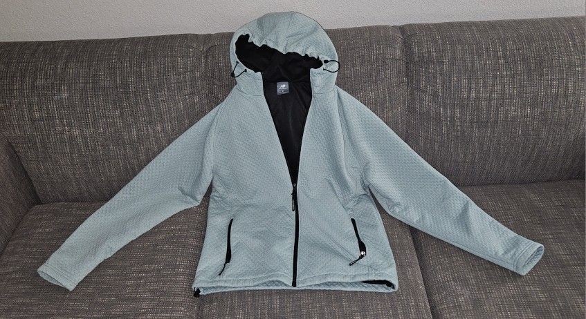 New Balance Unisex Size Medium Quilted Soft Blue Hooded Jacket Hoodie Zip-Up Hood Cinching