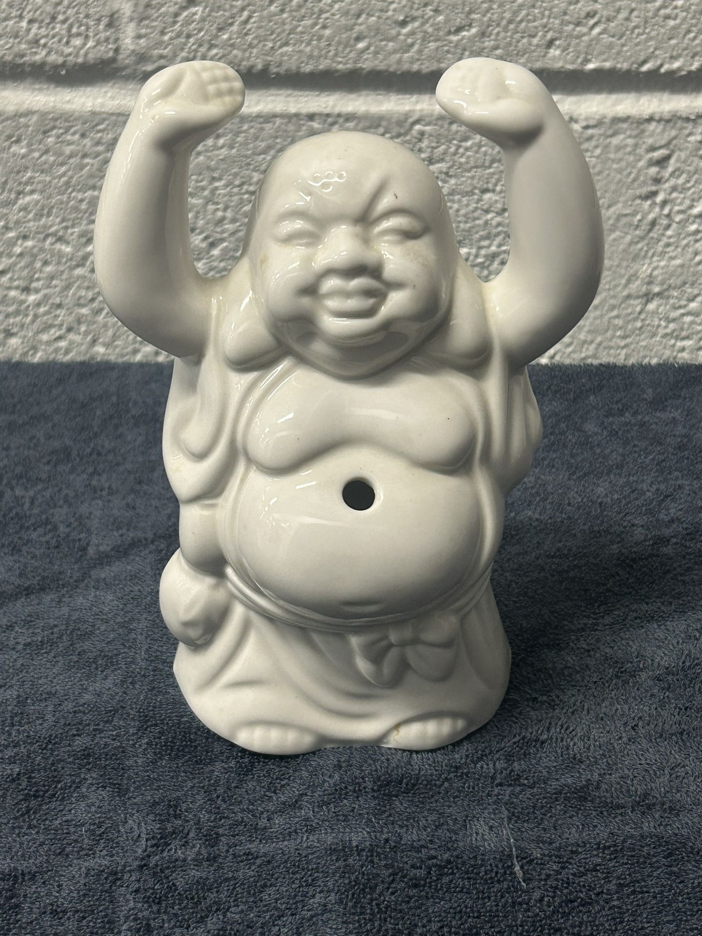 White Ceramic Happy Buddha Statue Figurine Incense Holder Planter 7”