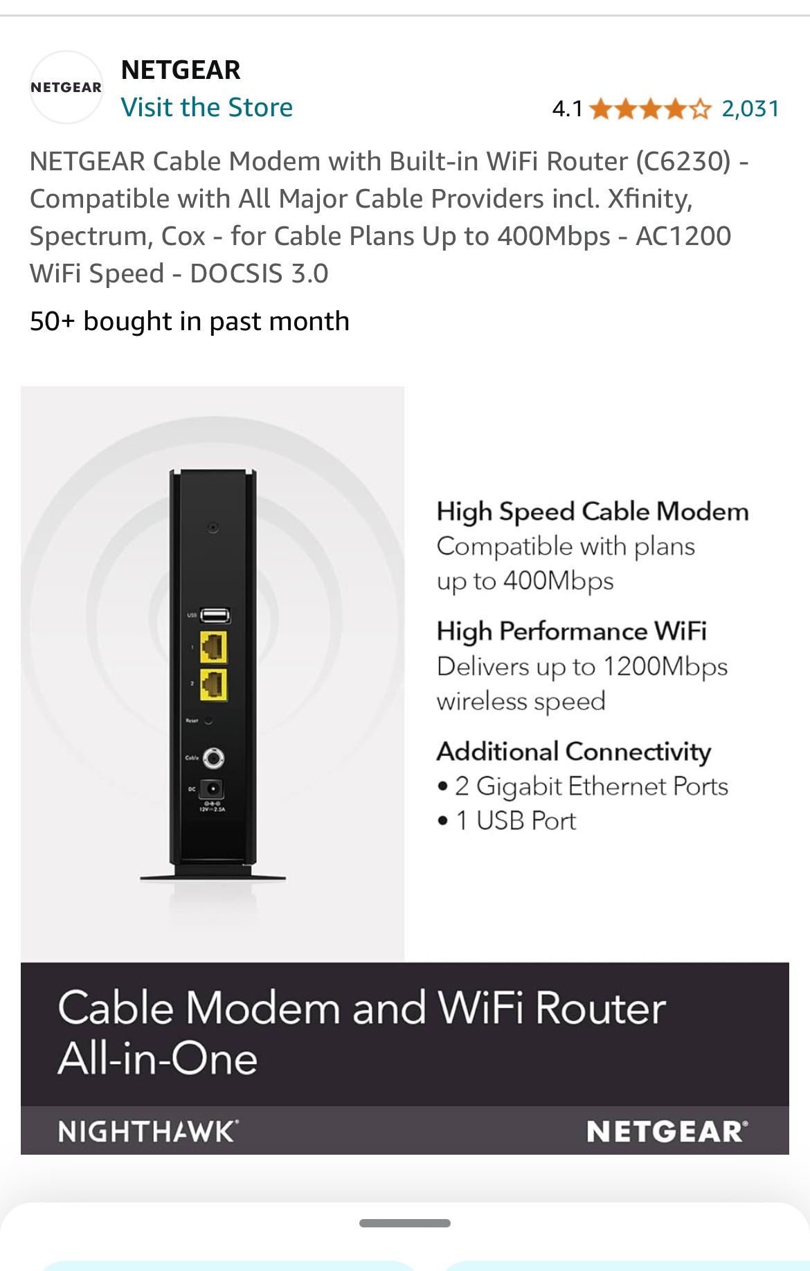 NETGEAR Nighthawk Cable Modem with WiFi Router