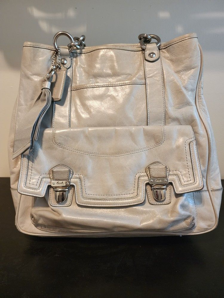 Coach Poppy Camellia Leather Tote Bag Ash Gray