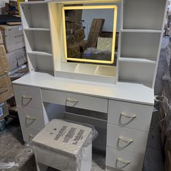 47" Large Vanity Desk with Lighted Mirror & Charging Station, White Makeup Vanity with 7 Drawers & 6 Shelves, Vanity Set with Cushioned Stool