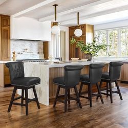 Set Of 4 LUE BONA Black/Faux leather 25.8-in H Counter height Upholstered Swivel Wood Bar Stools
