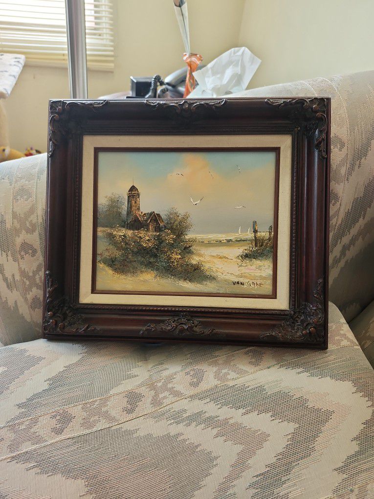 Signed Von Gake Gorgeous Lighthouse Painting In Beautiful Wood Frame. COA