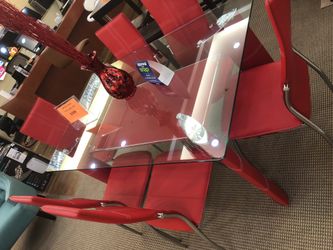 Red dining table set with 6 chairs