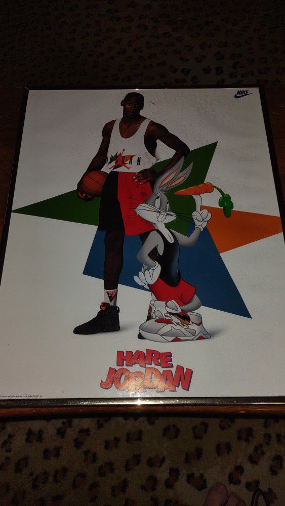 Rare 20" x 16" 1992 Nike Framed Poster Michael Jordan Bugs Bunny Looney Tunes