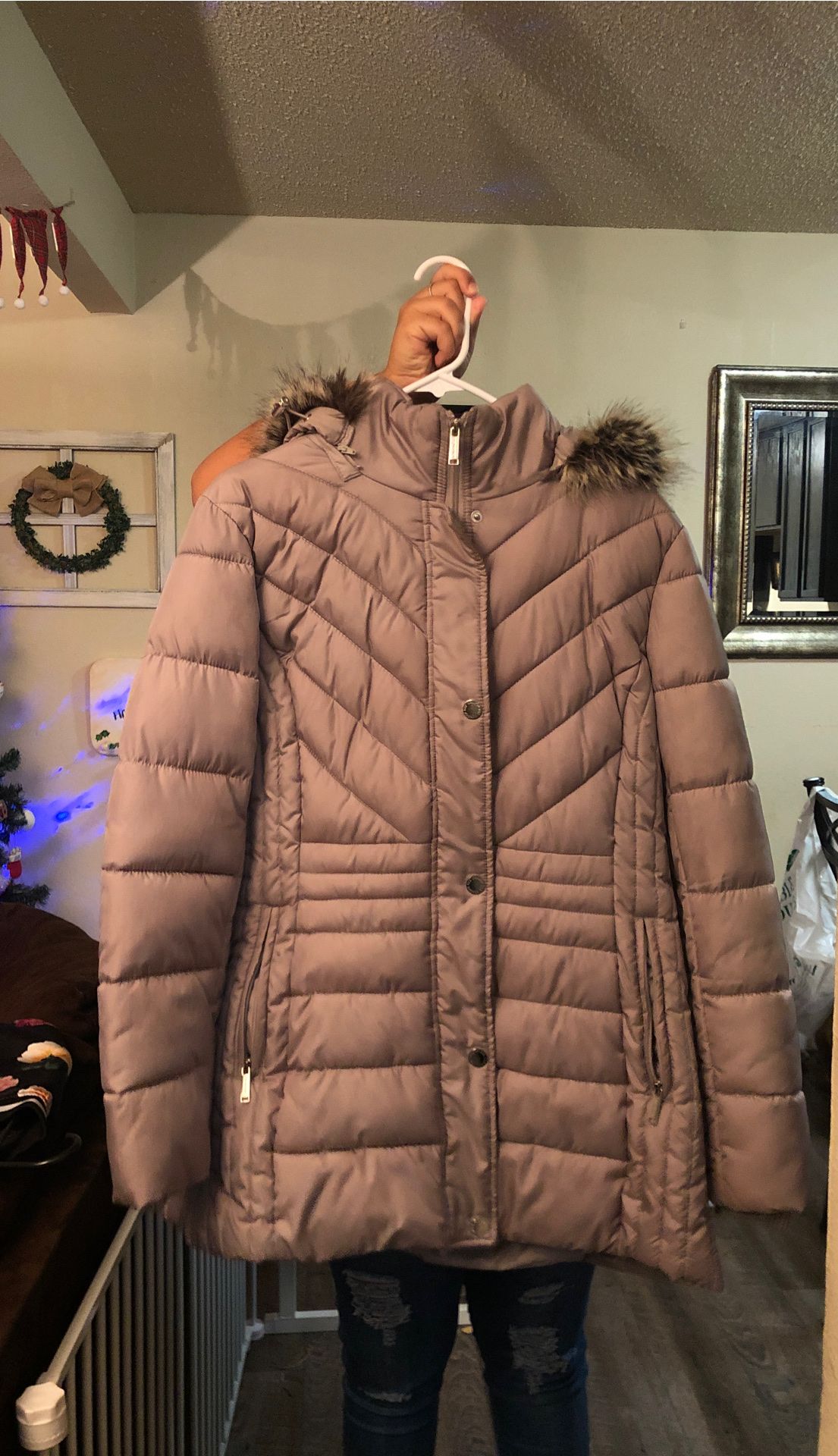 Coat with fur hood. Perfect condition