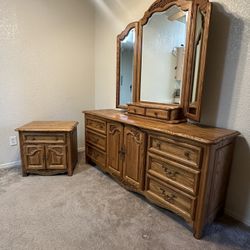 Thomasville Solid Wood Dresser with Tri-Fold Beveled Mirror and small nightstand
