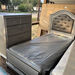 Silver Twin Size Bed Frame With Chest Dresser Mattresses, And Boxspring