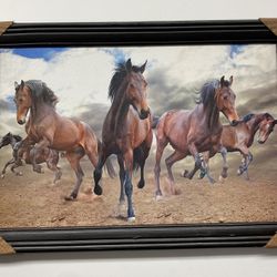 Oil- Colored Lithograph Painting Portrait Of Running Wild Horses In The Countryside