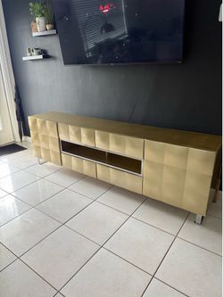 Mid-Century Modern Gold Wood Console with Stainless Steel Accents