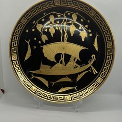Vtg Keramikos 12” Hand Made Wall Plate, Athens-Greece, Greek God Of Land & Sea