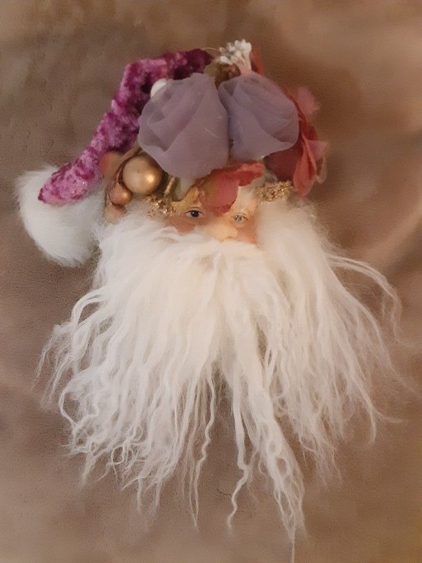 Victorian Santa Head Ornamaent. Crushed Velvet Hat.