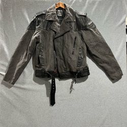Hein Gericke Mens Vintage Leather/ Canvas Motorcycle Jacket Grey Black Biker L