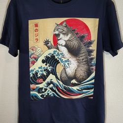 Catzilla Japanese Vintage Graphic Blue T-Shirt Size Medium